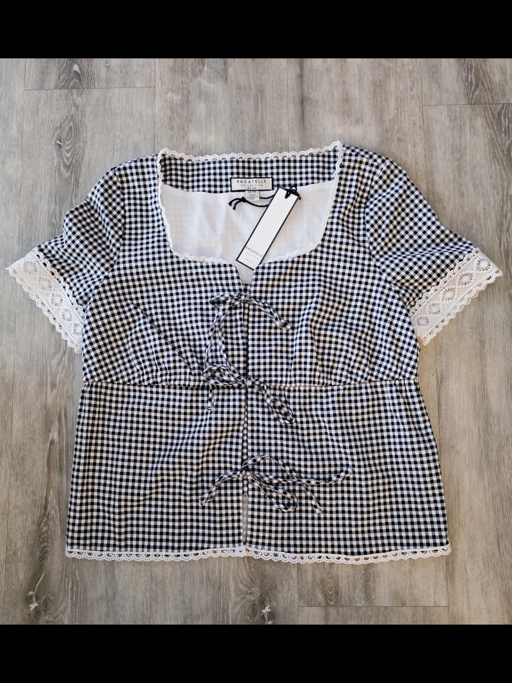 Bagatelle NWT Black White Gingham Lace Tie Front Cottagecore Top XS